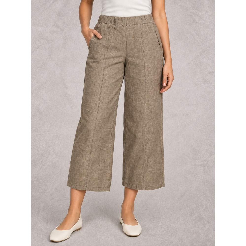 Eileen Fisher Organic Linen Crop Pants Womens Small Olive Brown Wide Leg Pull On